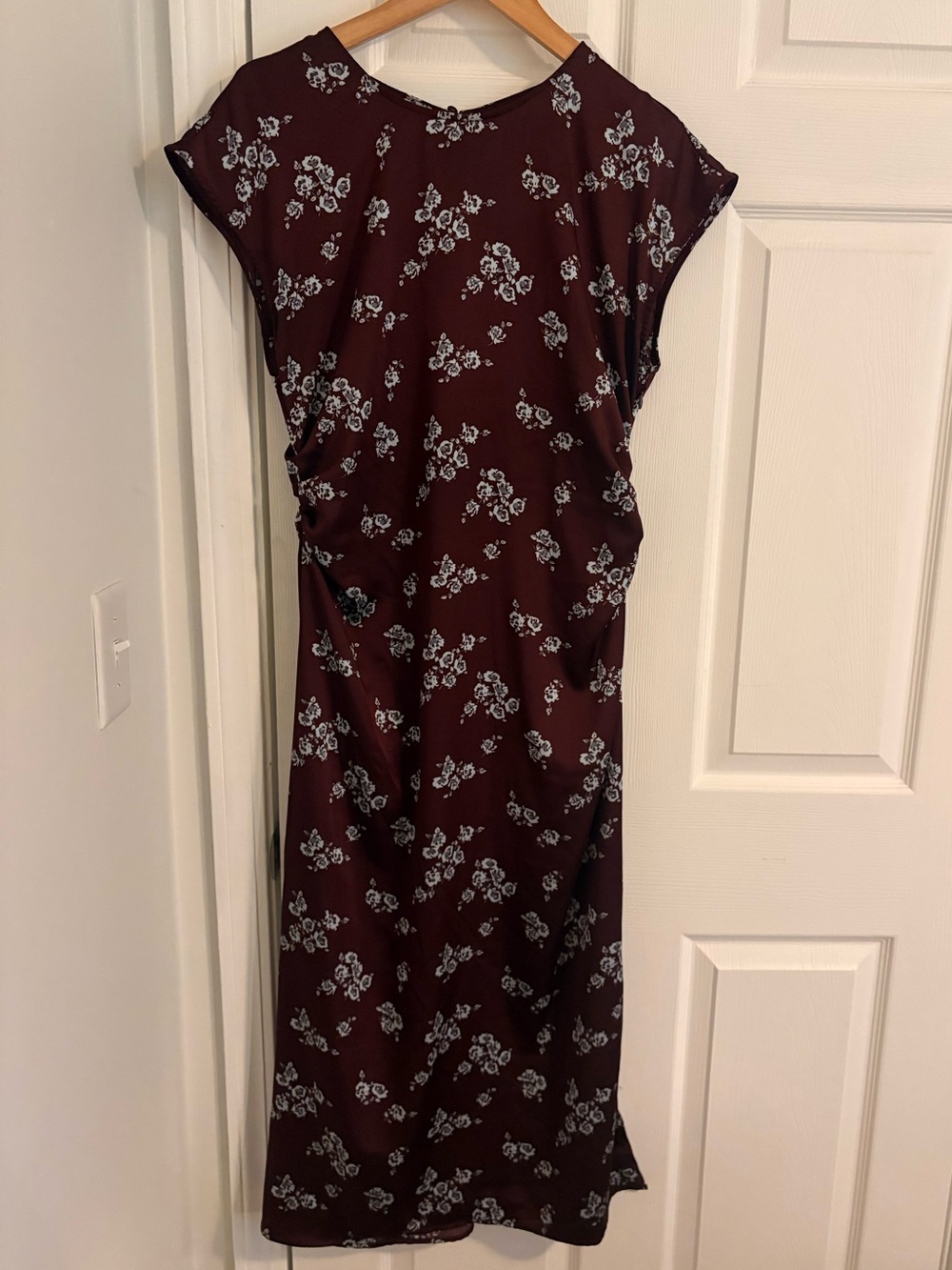A New Day Burgundy Floral Satin Ruched Midi Dress